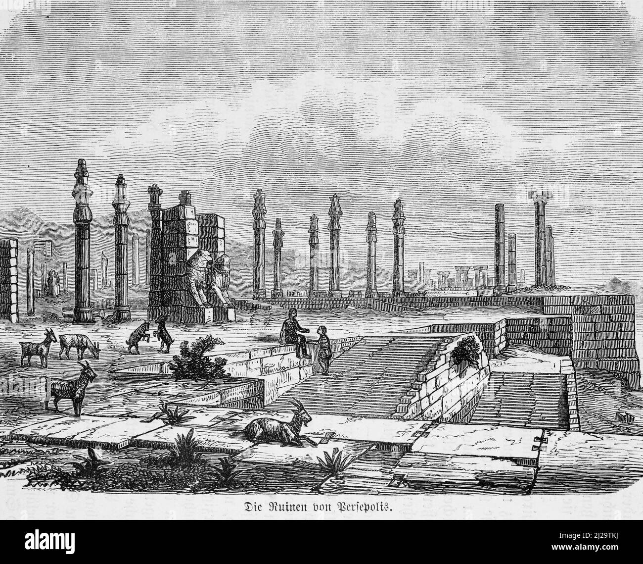 Persepolis, ruines, colonnes, portail, chèvres, Personnes, illustration historique 1885, 19th siècle, Perse, Iran, Asie centrale Banque D'Images