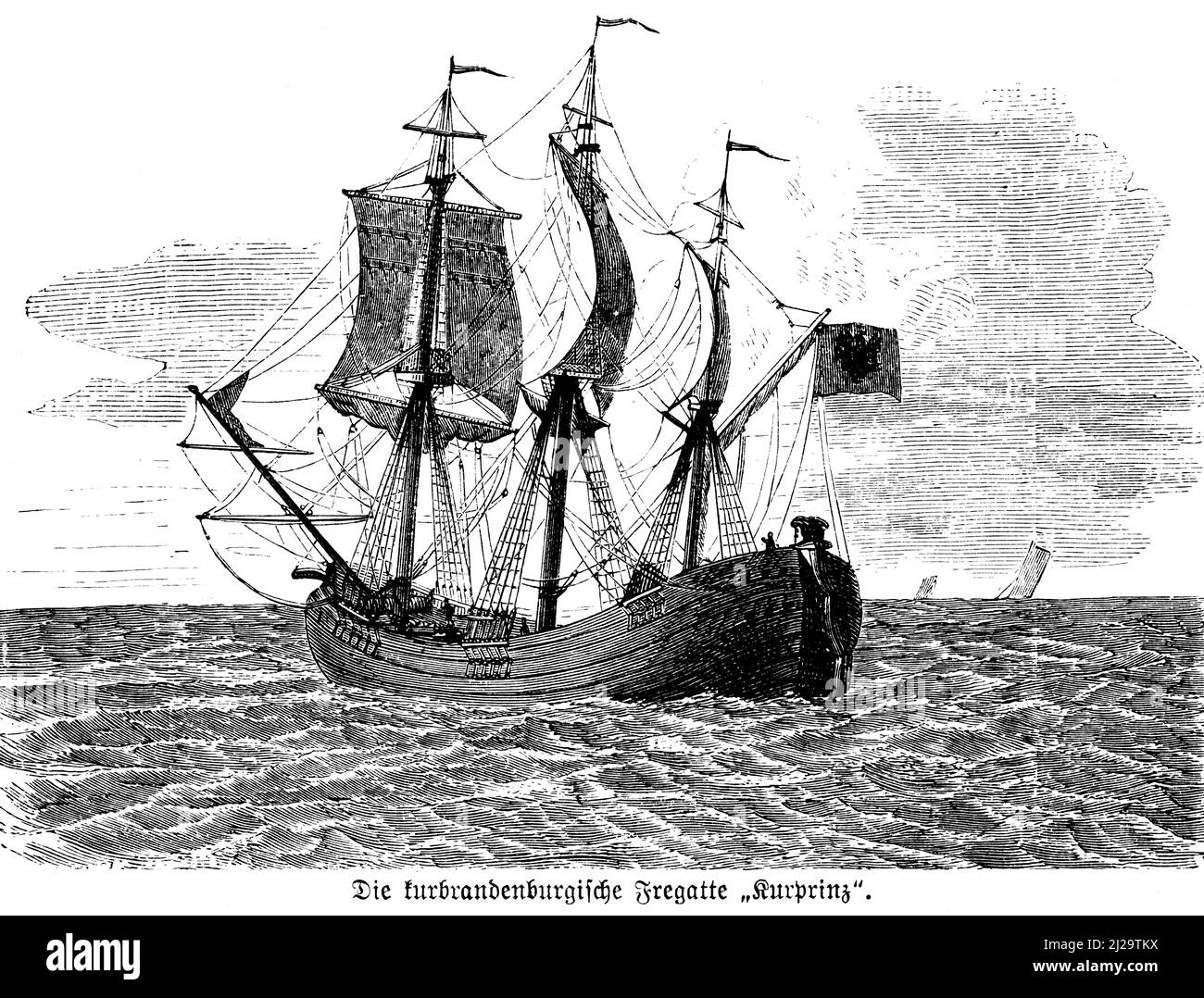 Frégate, Prince électeur, Brandebourg, haute mer, voilier, drapeau, mâts, vagues, horizon, illustration historique 1885 Banque D'Images
