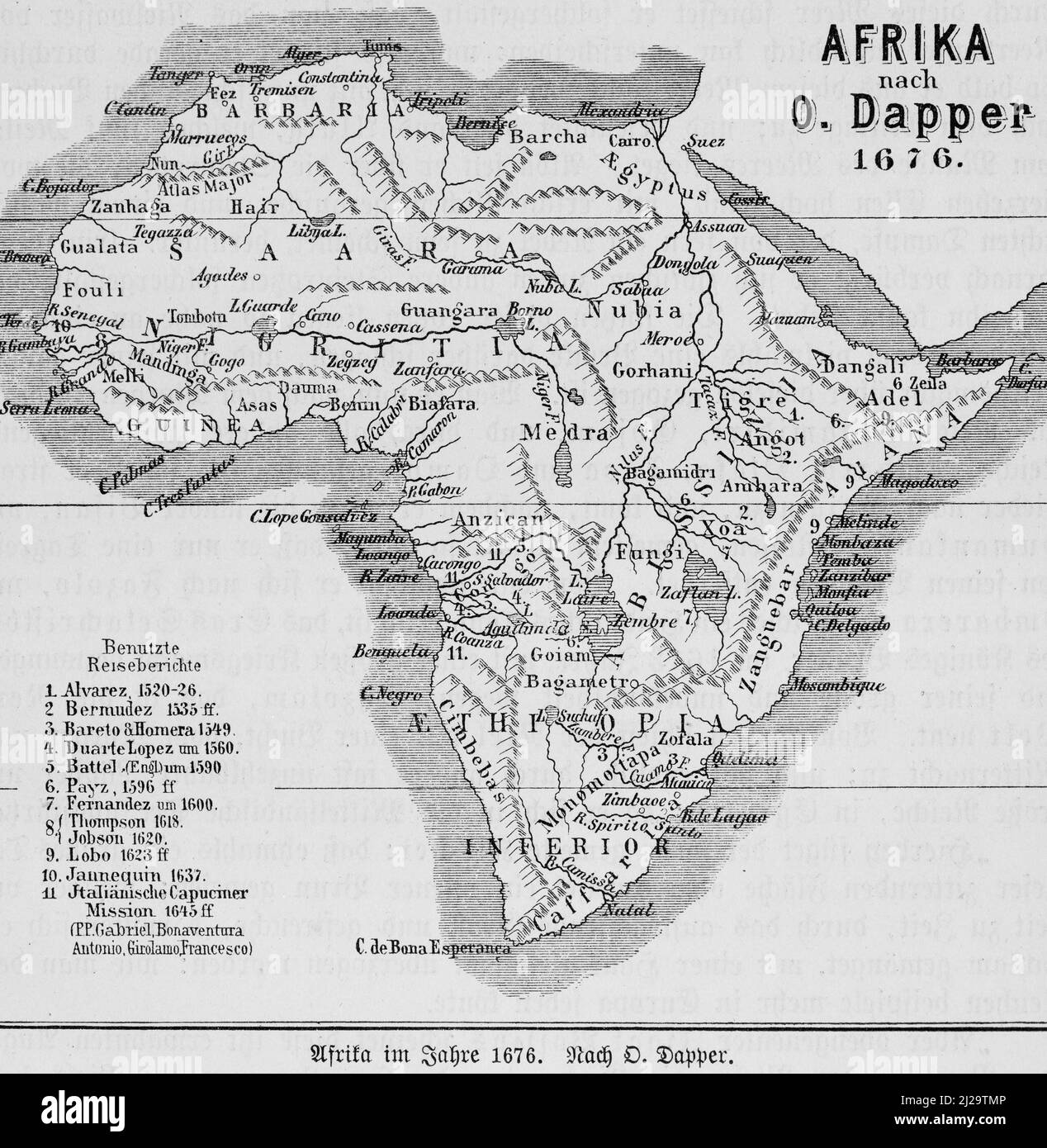 Carte Afrique 1529, Nubia, Alexandrie, Tunis, Berber, Sahara, Cap-bonne-espérance, illustration historique 1885, 16th siècle, Olfred Dapper, Mer Rouge Banque D'Images