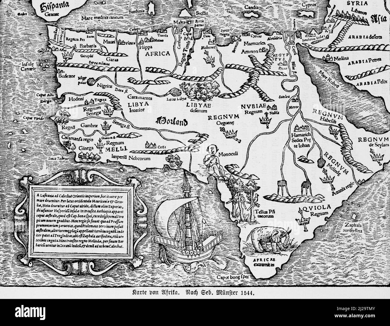Carte Afrique 1544, 16th siècle, Sebastian Muenster, ornements, Mer Rouge, Océan Atlantique, mer Méditerranée, sources du Nil, Libye, montagnes de l'Atlas Banque D'Images