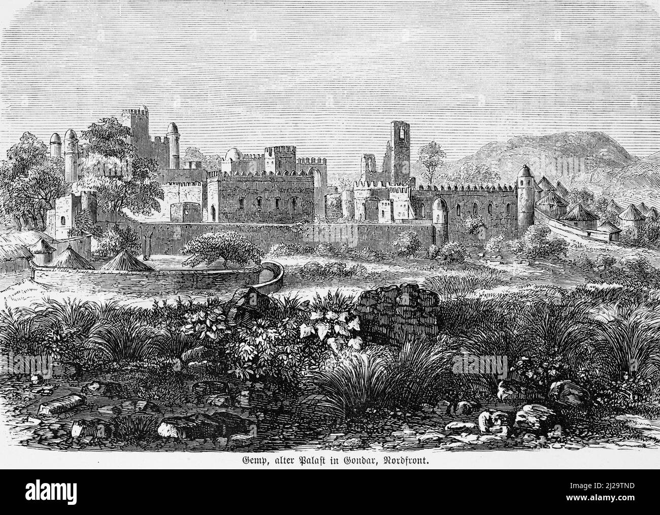 Gondar, Gonder, Palais Gemp, château, tour, Mur, paysage, montagnes, illustration historique 1885, Amhara, Éthiopie Banque D'Images