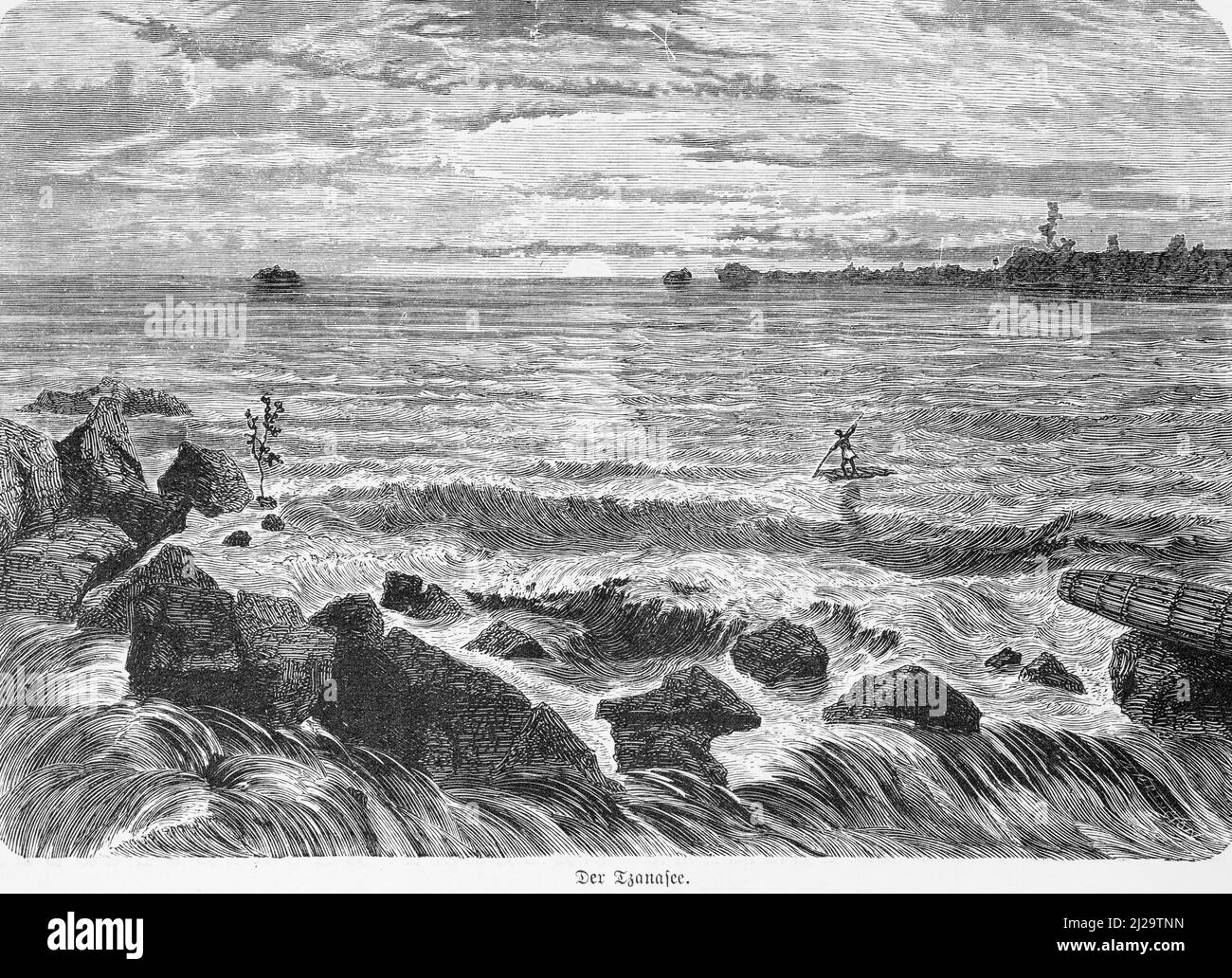 Lac Tana, lac Tsana, hautes terres, danger, courant, piège à poisson, rochers, radeau en bois, horizon, île, Illustration historique 1885, Éthiopie, Afrique de l'est Banque D'Images