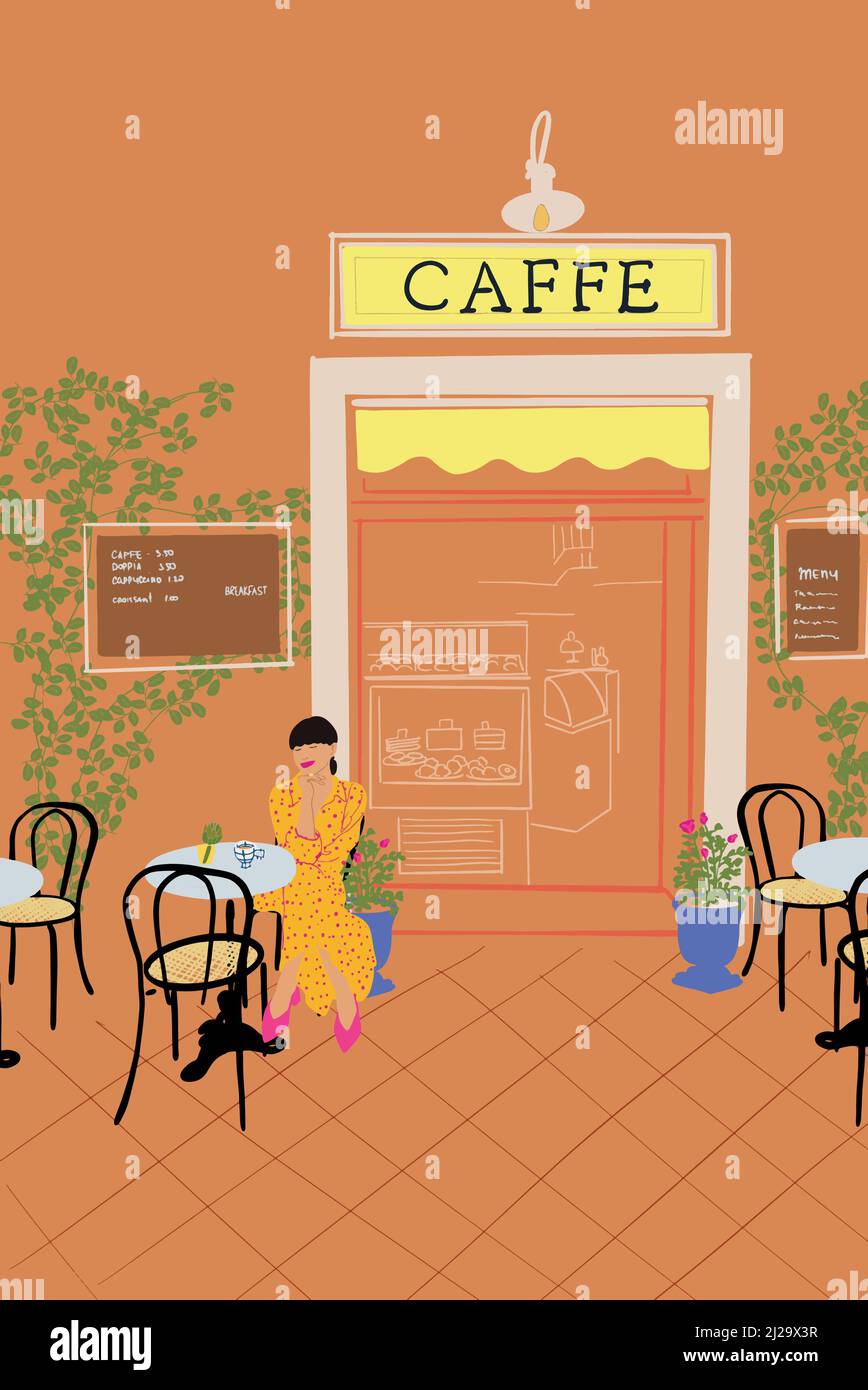 Femme élégante au café dans la rue. Illustration vectorielle Illustration de Vecteur