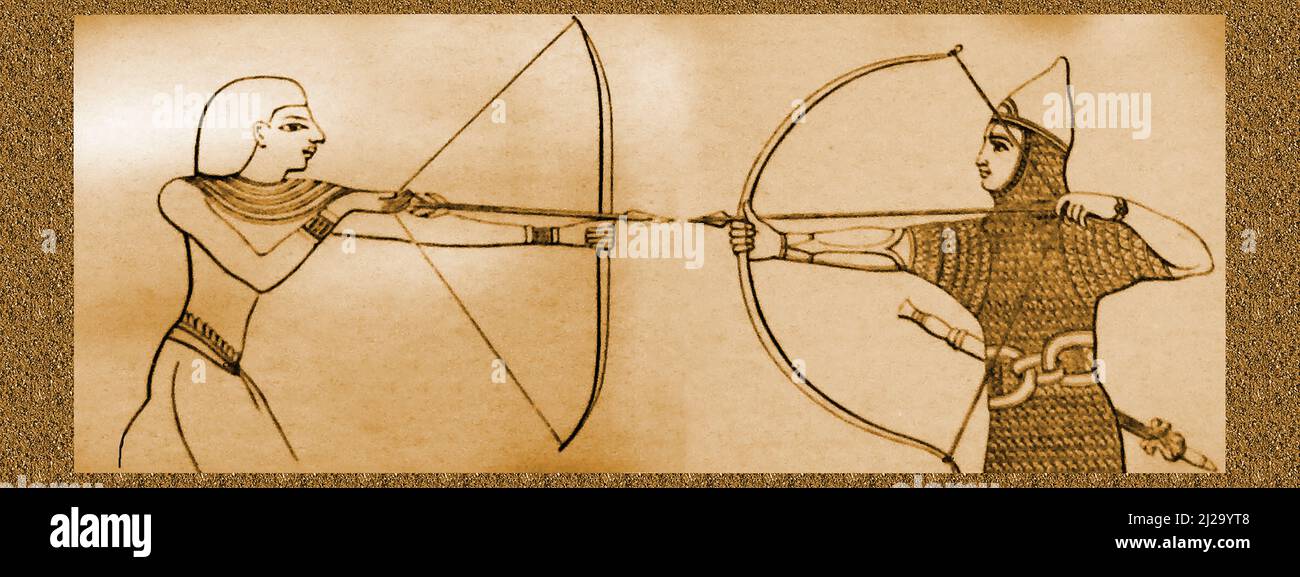 Une image de 19thC comparant les anciens archers égyptiens et assyriens, leurs arcs et leurs vêtements Banque D'Images