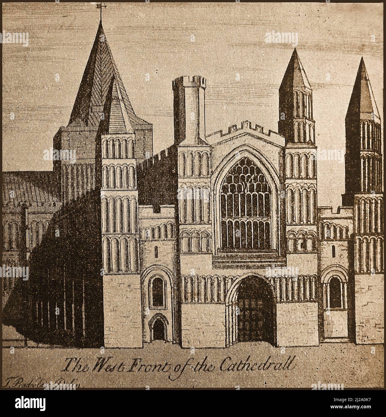 Une image de la cathédrale de Rochester, Royaume-Uni, datant de 18th. Fondée par St Jutus en 604 et autrefois connue sous le nom d'église de la cathédrale du Christ et de la Sainte Vierge Marie. L'architecte était Gundulf de Rochester, plus tard évêque Gundulf, et un moine de l'abbaye de Bec, en Normandie Banque D'Images