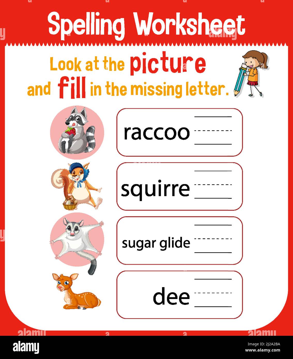 Feuille de calcul pour l'illustration des mots orthographiques Illustration de Vecteur