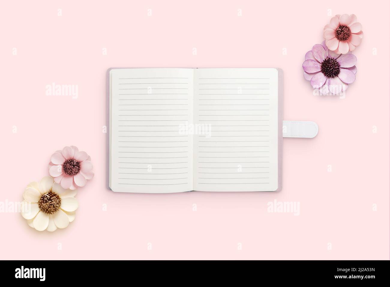 Bloc-notes entouré de fleurs sur une surface rose. Papiers vierges pour le texte. Flat lay, composition de la vue de dessus Banque D'Images