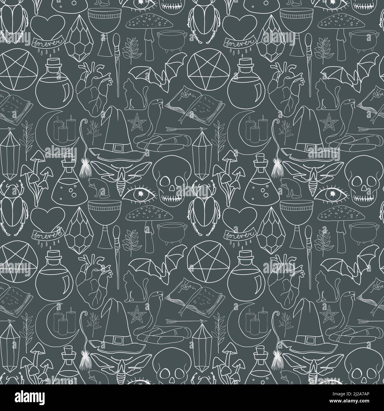 Motif sorcellerie sans couture, fond de sorcière Doodle, papier peint Magic objects, ornement ésotérique, motif de répétition de sorcière Line art Banque D'Images