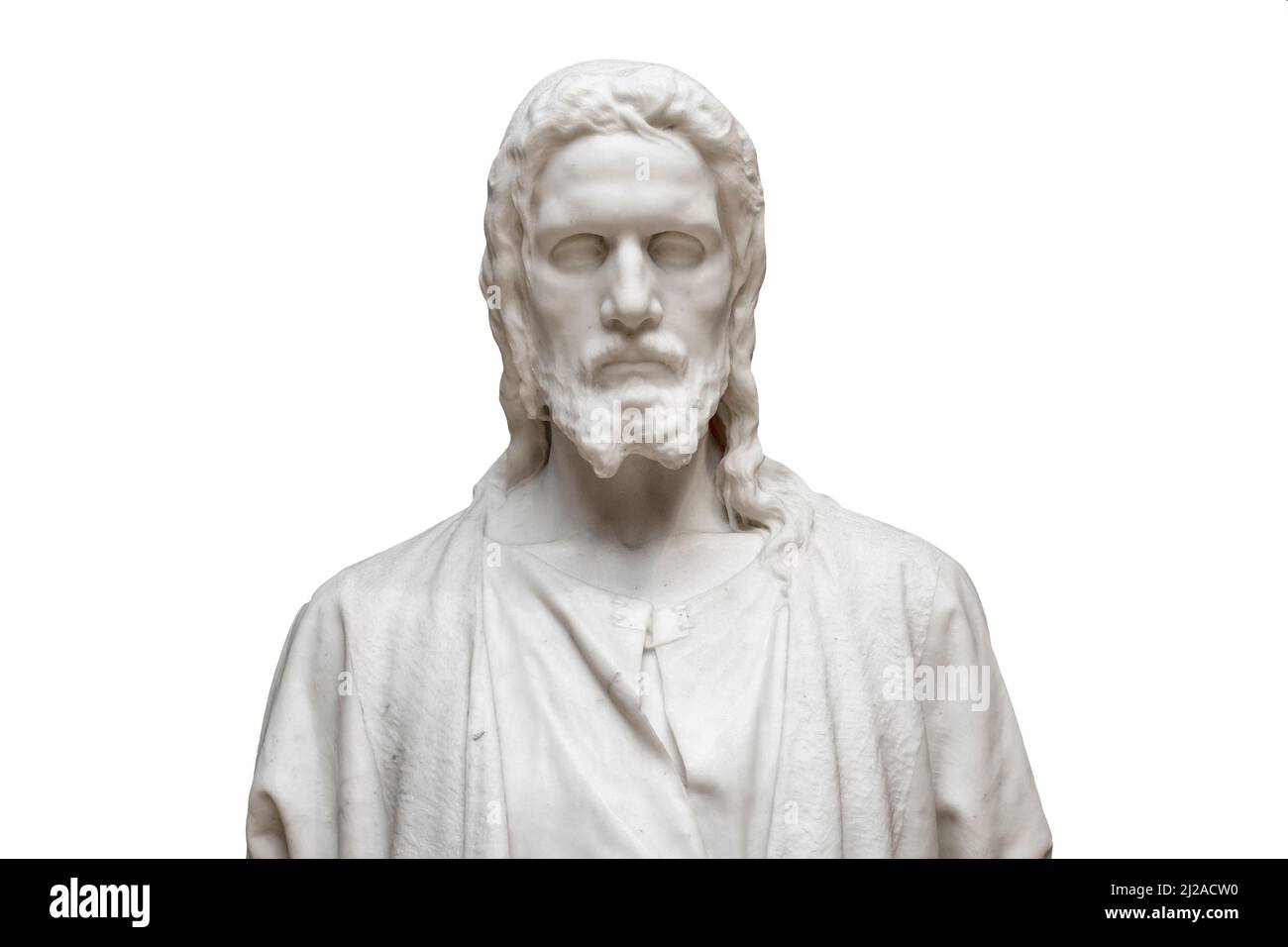 Gros plan de la statue en marbre de Jésus isolée sur blanc Banque D'Images