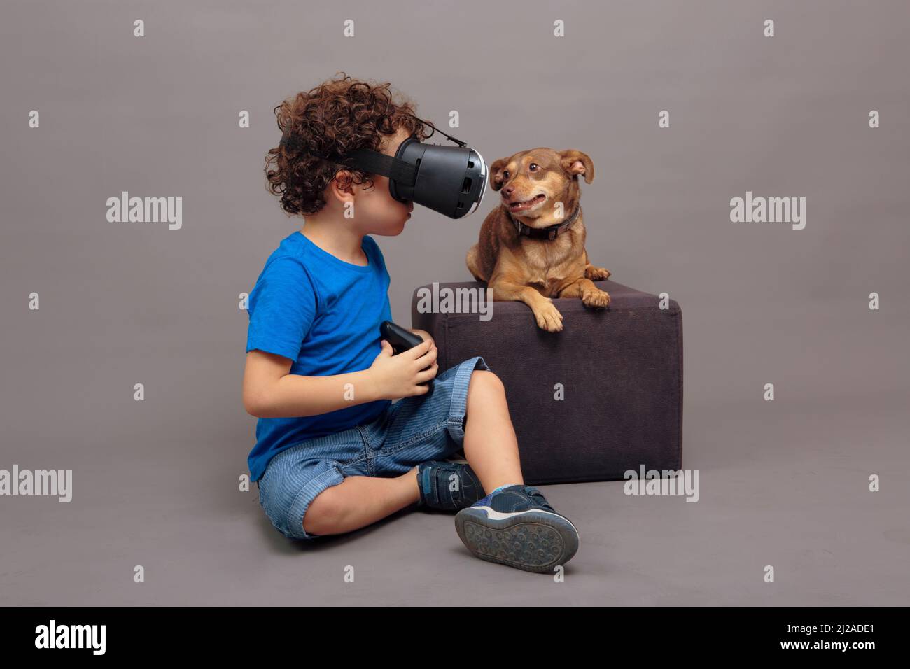 garçon avec des lunettes de réalité virtuelle. avec son petit chien Banque D'Images