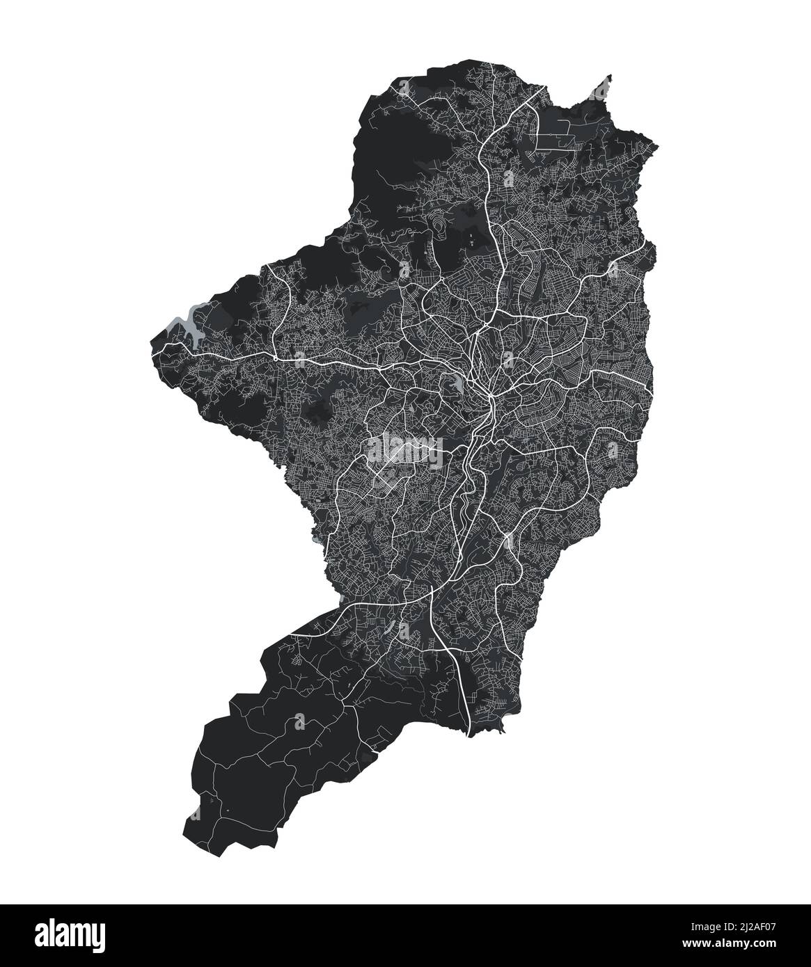 Carte vectorielle de Yaoundé. Carte vectorielle détaillée de la zone administrative de la ville de Yaoundé. Vue sur l'aria métropolitain avec affiche CityScape. Terre noire avec routes blanches et Illustration de Vecteur