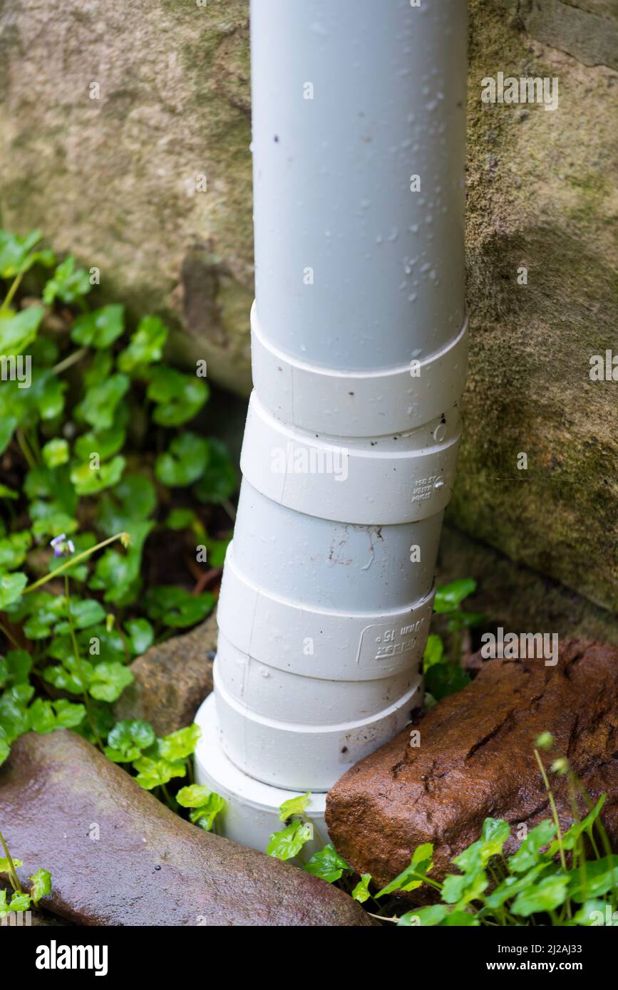 Tuyau de descente en uPVC blanc non plastifié (bec verseur) et joints courbes ou coudés au point de rencontre avec le drain en terre Banque D'Images