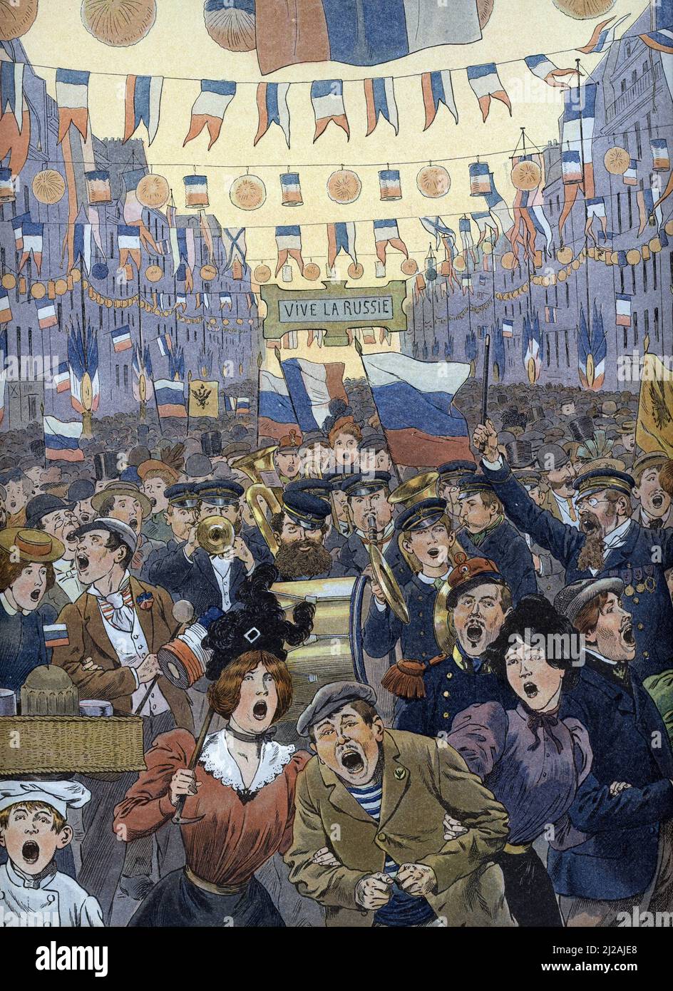 Allegorie de l'hymne national russe « Dieu protege le tsar » composer par Lwoff chant a Paris an 1893 lors de l'entente cordiale, rapprochement franco-russe (Alliance franco-russe : Les parisiens chantant l'hymne national de la Russie 1893) Illustration tiree de 'les chants nationaux de tous les payss' de Job et Montorgueil Collection privee Banque D'Images