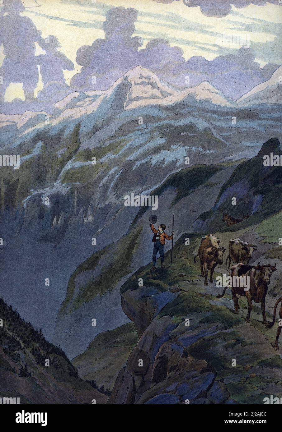 Allegorie de l'hymne national suisse « le rez des vaches » ( Lyoba ou Kuhreihen est un chant traditionel a cappella des armaillis en Suisse) (Ranz des Vaches ou Kuhreihen est une simple mélodie traditionnellement jouée sur la corne par les bergers alpins suisses comme ils ont conduit leur bétail vers ou depuis le pâturage) Illustration tiree de 'les chants nationaux de tous les payss' de Job et Montorgueil Collection privee Banque D'Images