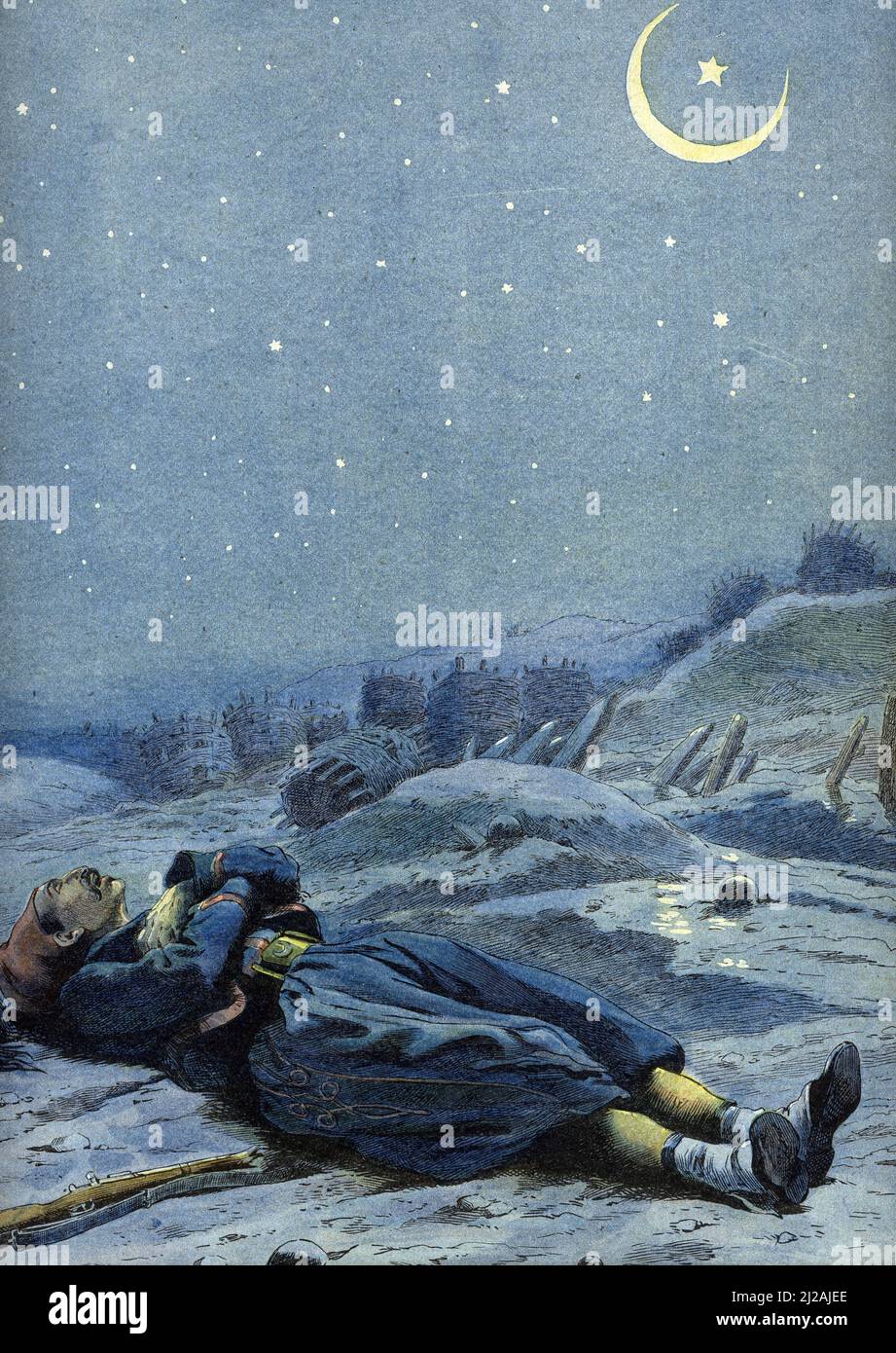 Allegorie de l'hymne représentant un soldat turc mort pour sa patrie (allégorie de l'hymne national turc représentant un soldat turc décédé pour sa patrie) Illustration tiree de 'les chants nationaux de tous les pays des pays des pays de Job et Montorgueil Collection privee Banque D'Images