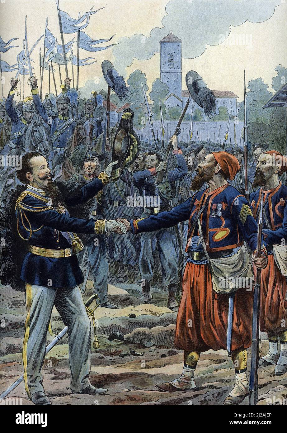 Allegorie de l'hymne national du royaume-uni italien 'Marcia reale' representant le roi Victor Emmanuel II (Victor-Emmanuel II ou Vittorio Emanuele II) et les combatants pour la liberté ((hymne national italien à l'époque du roi Vittorio emmanuele II) Illustration tiree de 'les chants nationaux de tous les payss' de Job et Montorgueil Collection privee Banque D'Images