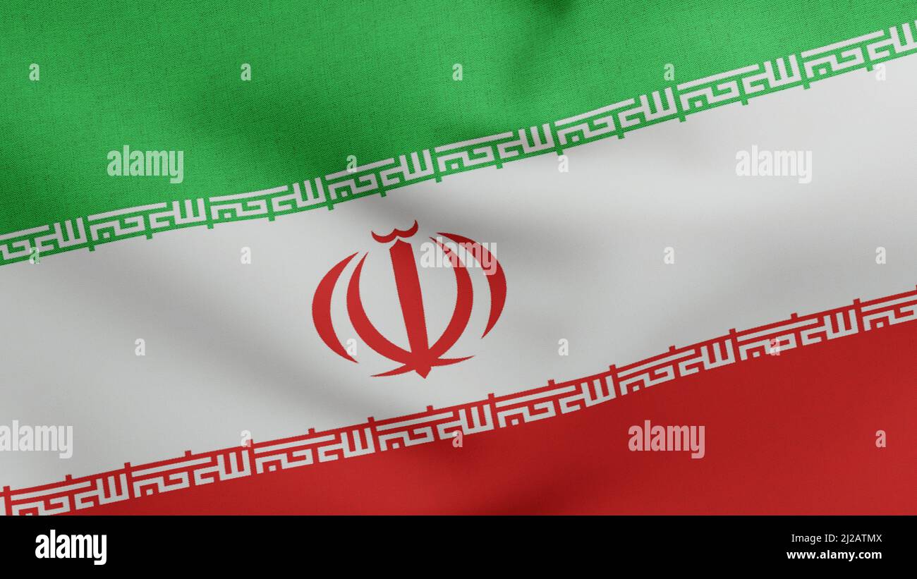 Drapeau national de l'Iran agitant 3D Render, République islamique d'Iran drapeau textile conçu par Hamid Nadimi, blason Iran jour de l'indépendance Banque D'Images