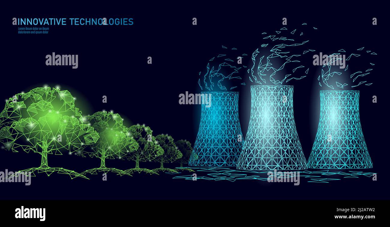 Tour de refroidissement de la centrale nucléaire, faible poly. 3d rendre écologie pollution sauver planète environnement concept triangle polygonal. Nucléaire radioactif Illustration de Vecteur