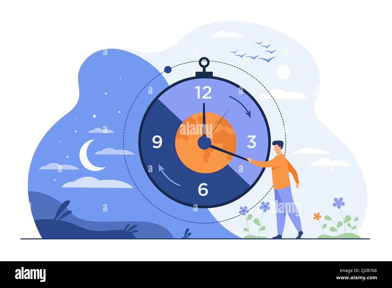 Homme déplaçant les flèches de l'horloge et gérant l'heure. Planète, nuit et jour en arrière-plan. Illustration vectorielle des rythmes circadiens, de la routine quotidienne, du matin et Illustration de Vecteur
