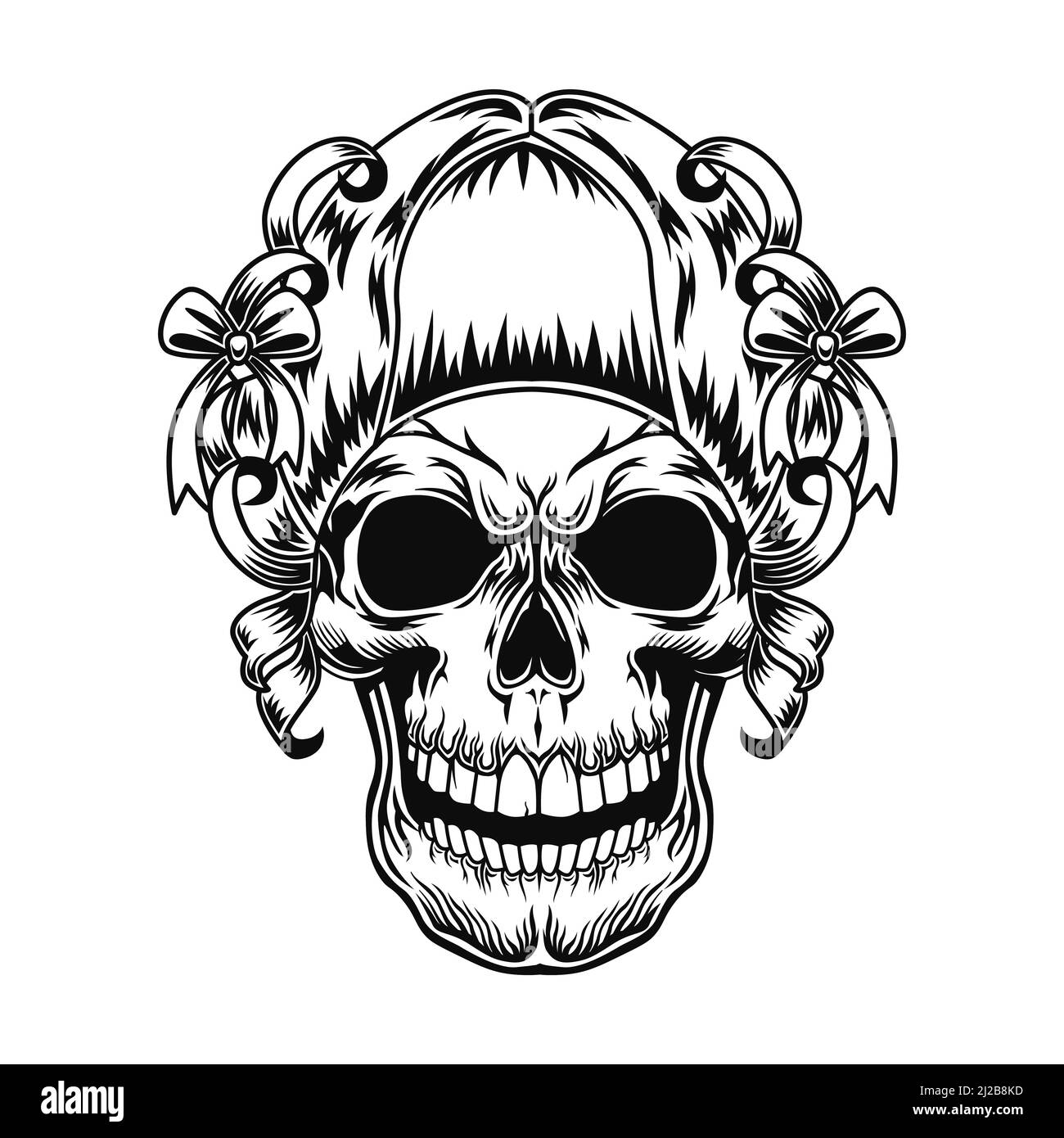 Illustration du vecteur du crâne de la dame. Tête de personnage féminin avec une coiffure rétro avec rubans et noeuds. Concept de personnage effrayant pour la mode rétro ou horr Illustration de Vecteur