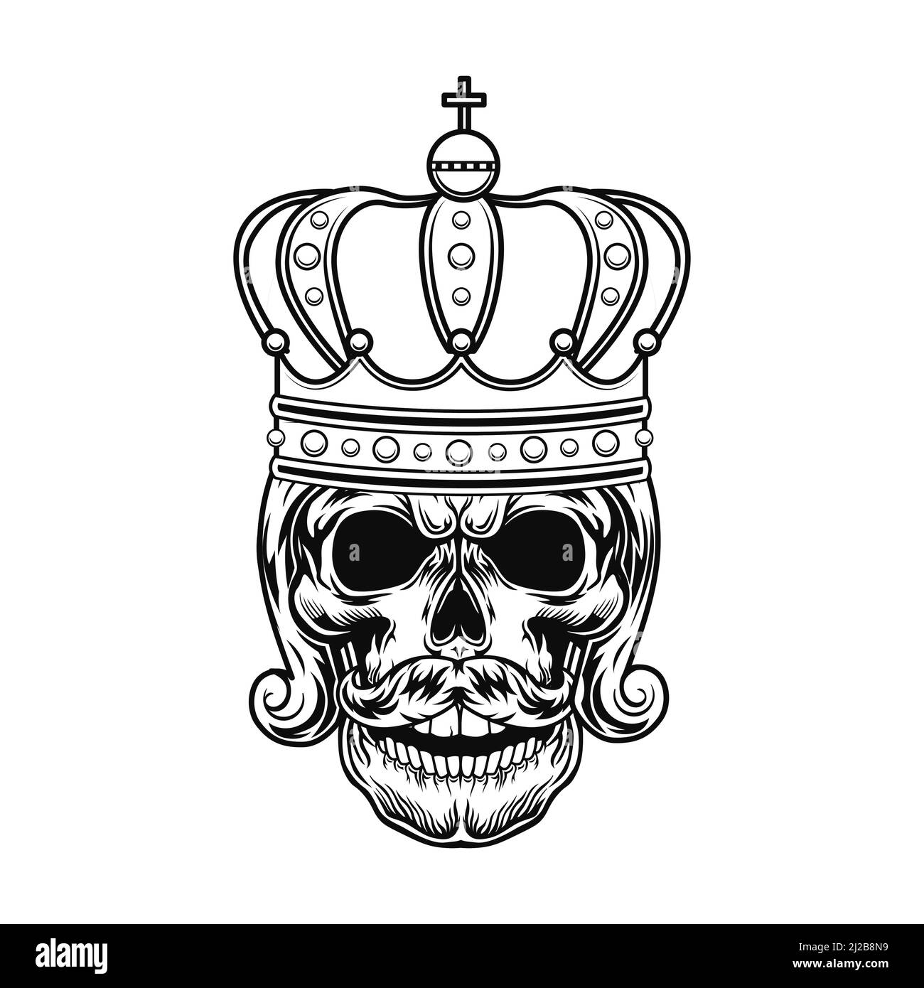 Illustration du vecteur du crâne du monarque. Tête de roi ou de tsar avec la barbe, la coiffure royale et la couronne. Concept d'autorité pour les sujets de monarchie ou tatouage templat Illustration de Vecteur