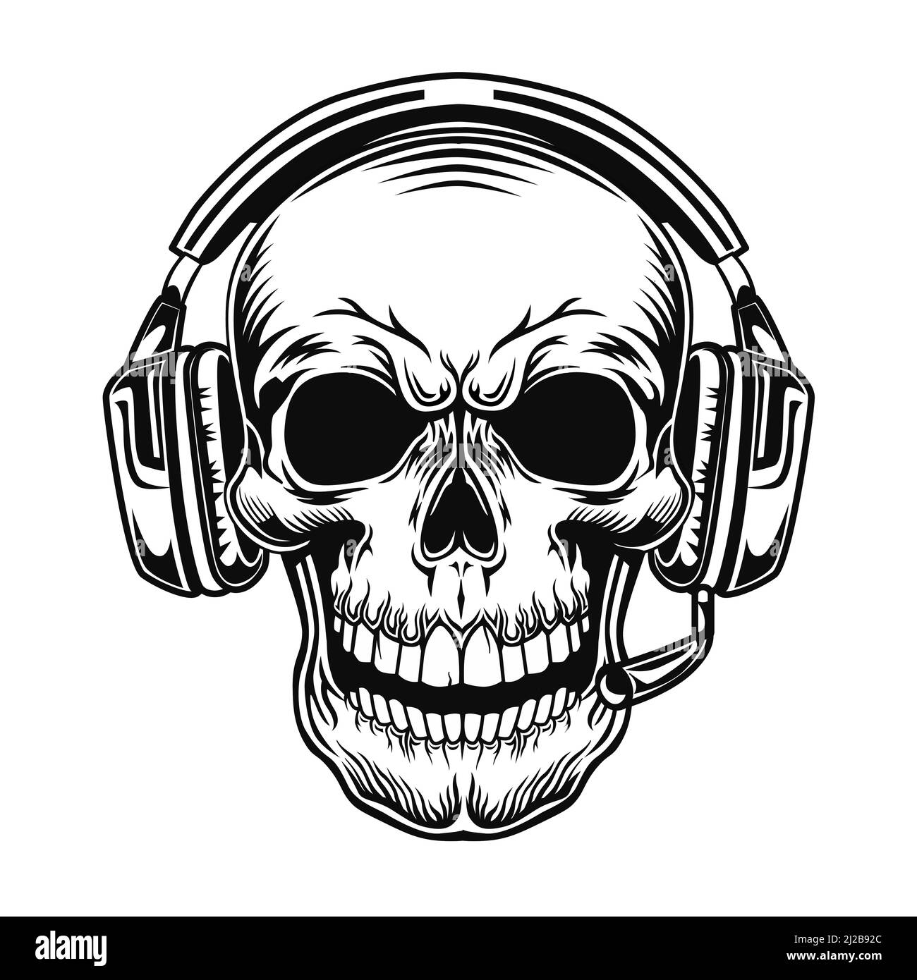 Crâne avec illustration vectorielle du casque. Chef de personnage dans les écouteurs. Concept de technologie sonore pour les jeux en ligne sujet ou modèle de tatouage Illustration de Vecteur