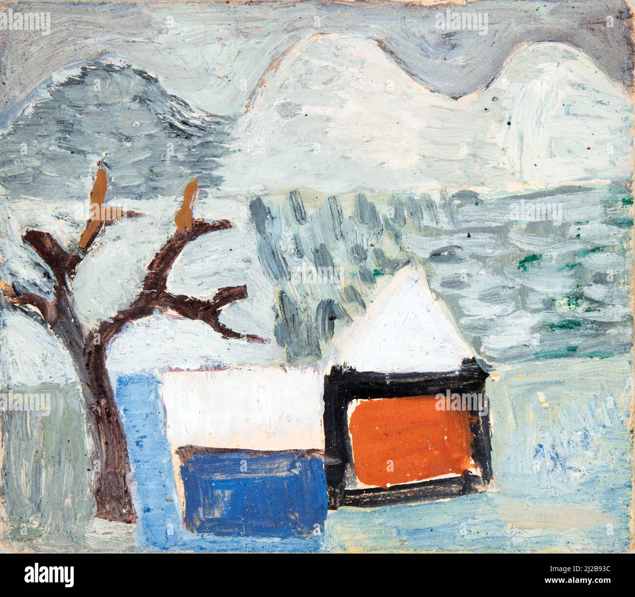 Peinture à l'huile par Sasza Blondr, peintre polonais (1909-1949) - Pejzaz zimowy z domami (1934) Paysage d'hiver avec maisons. Banque D'Images