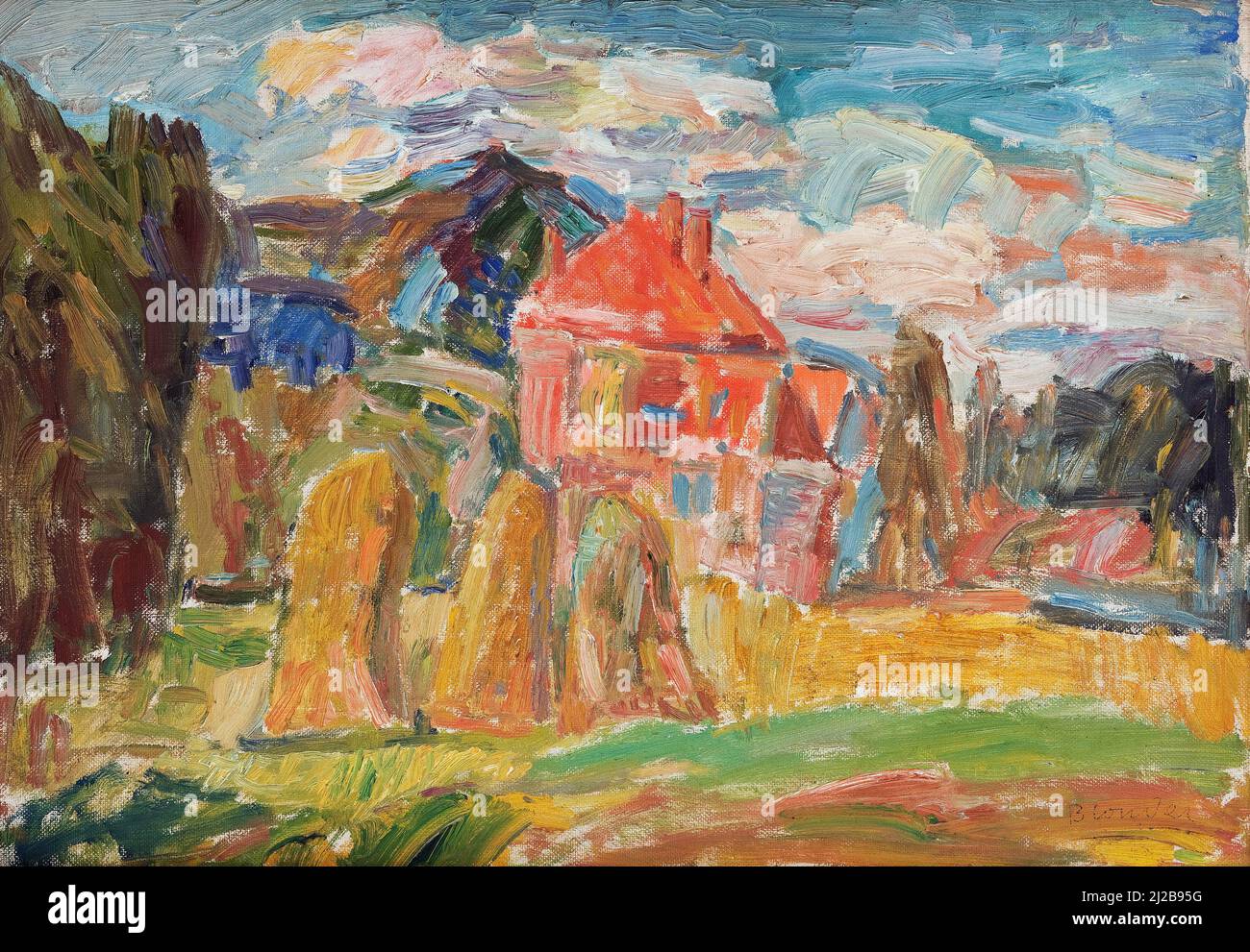 Peinture à l'huile par Sasza Blondr, peintre polonais (1909-1949) - Paysage avec une Maison Rouge (1937) Banque D'Images