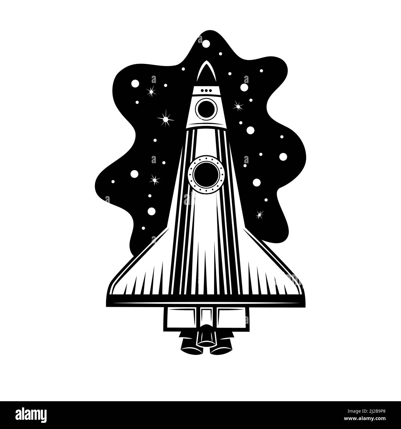 Illustration du vecteur fusée spatiale. Vaisseau spatial, vaisseau spatial, navette. Concept COSMOS pour l'exploration, le voyage, le démarrage et les transports dans l'espace extra-atmosphérique Illustration de Vecteur