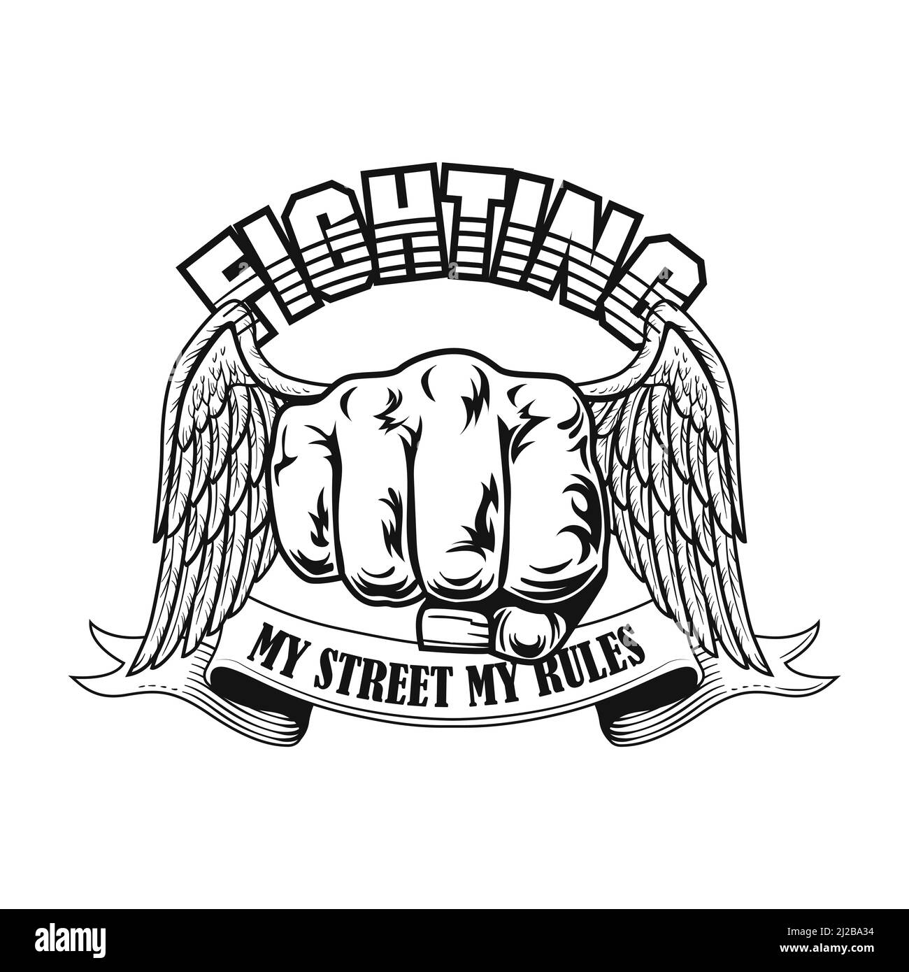 Illustration vectorielle de l'écusson Street Fighter. Poings avec ailes, texte sur ruban. Concept de style de vie pour emblème de club de combat ou modèles de tatouage gangsta Illustration de Vecteur