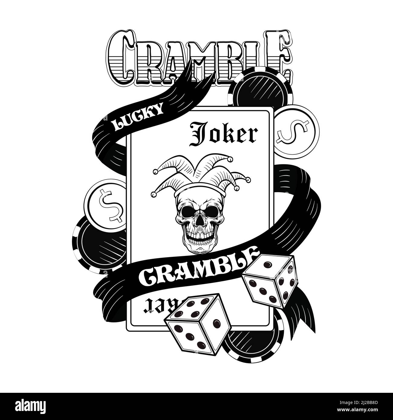 Image plate du crâne du casino du gangster. Logotype vintage, autocollant, imprimé avec des cartes à jouer, joker, chapeau, argent, dés. Illustration vectorielle pour le laboratoire du club de poker Illustration de Vecteur
