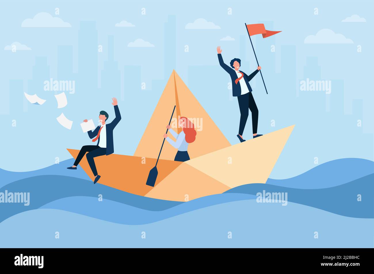 Chef d'entreprise prospère avec bateau à voile drapeau, son équipe utilisant la pagaie. Collègues et patron voyageant dans un océan d'opportunités. Illustrateur de vecteur Illustration de Vecteur