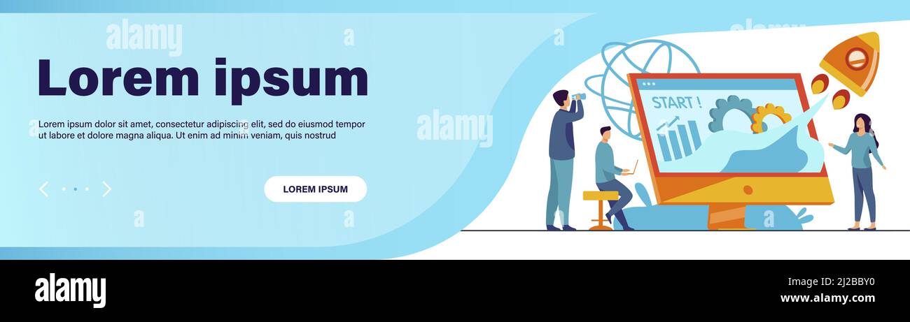 Projet de départ d'équipe. Groupe de travail sur le démarrage, lancement de fusée à partir de l'écran avec graphique de croissance. Illustration vectorielle pour le nouveau concept d'entreprise Illustration de Vecteur