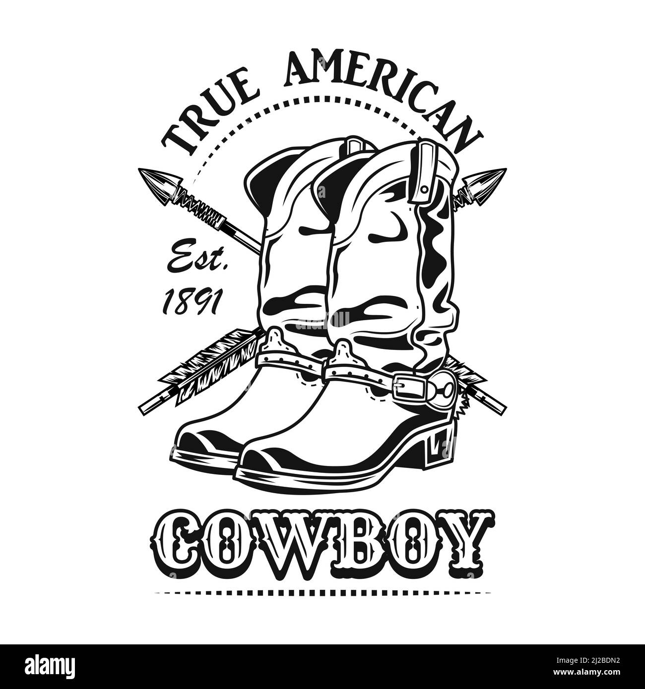 Véritable illustration vectorielle de cow-boy américain. Bottes de cowboy et flèches croisées avec texte. Concept de style de vie pour la culture, les sujets occidentaux, le club ou la communauté Illustration de Vecteur