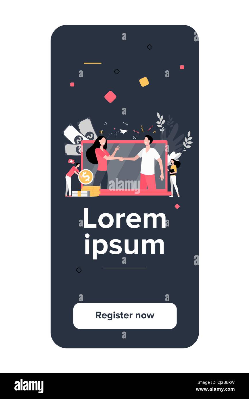 Deux partenaires commerciaux se sont associés dans une illustration vectorielle plate grand écran d'ordinateur portable. Personnages de dessin animé conclusion de l'accord en ligne. Partenariat, travail d'équipe Illustration de Vecteur