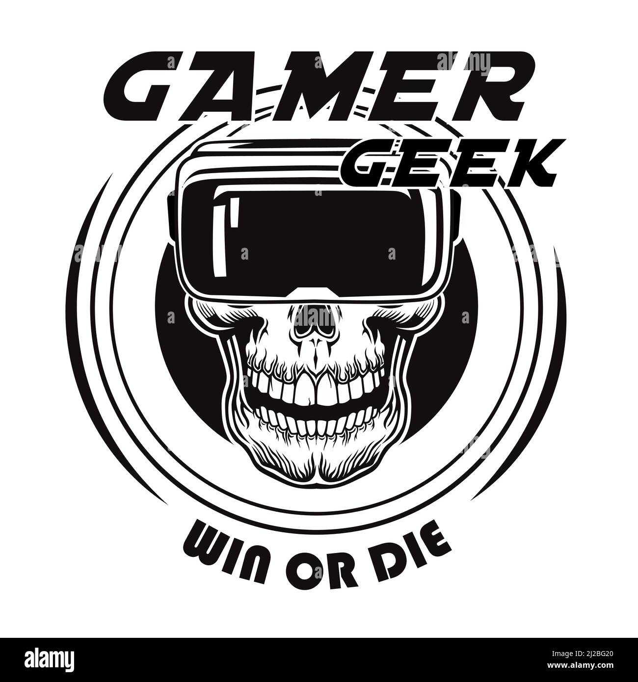 Crâne vintage en lunettes de réalité virtuelle illustration vectorielle. Tête morte noire du joueur en VR. Le concept de tournoi de jeux vidéo et d'ordinateur peut être utilisé pour Illustration de Vecteur