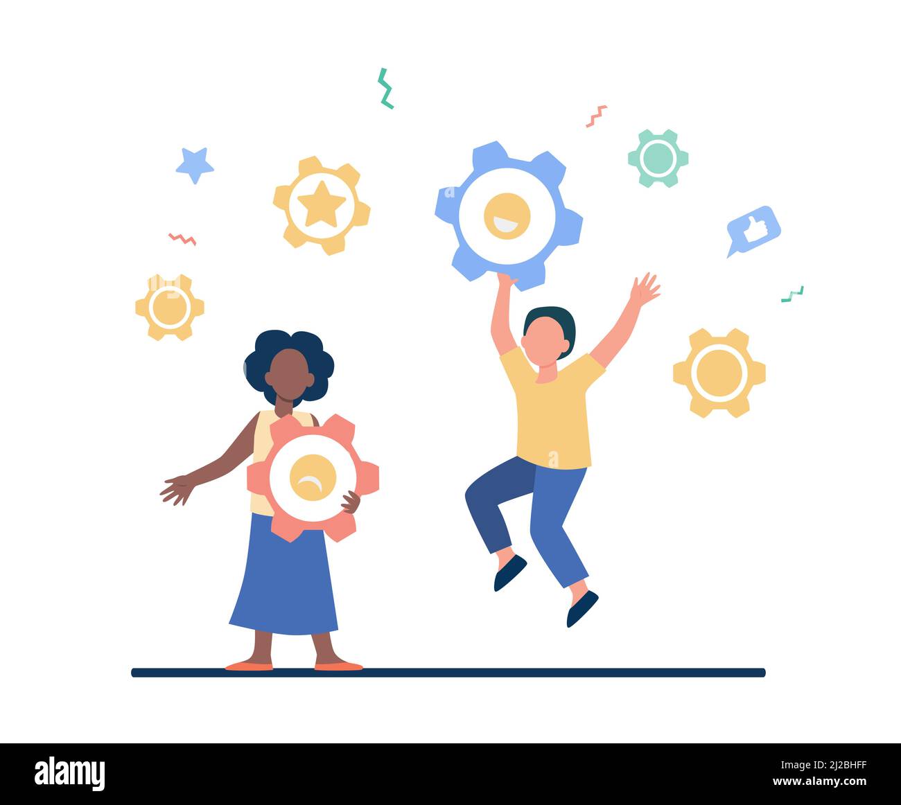 Jeunes professionnels célébrant un projet de démarrage réussi. Équipe multinationale. Illustration vectorielle plate. Le concept d'entreprise en ligne peut être utilisé pour les pres Illustration de Vecteur