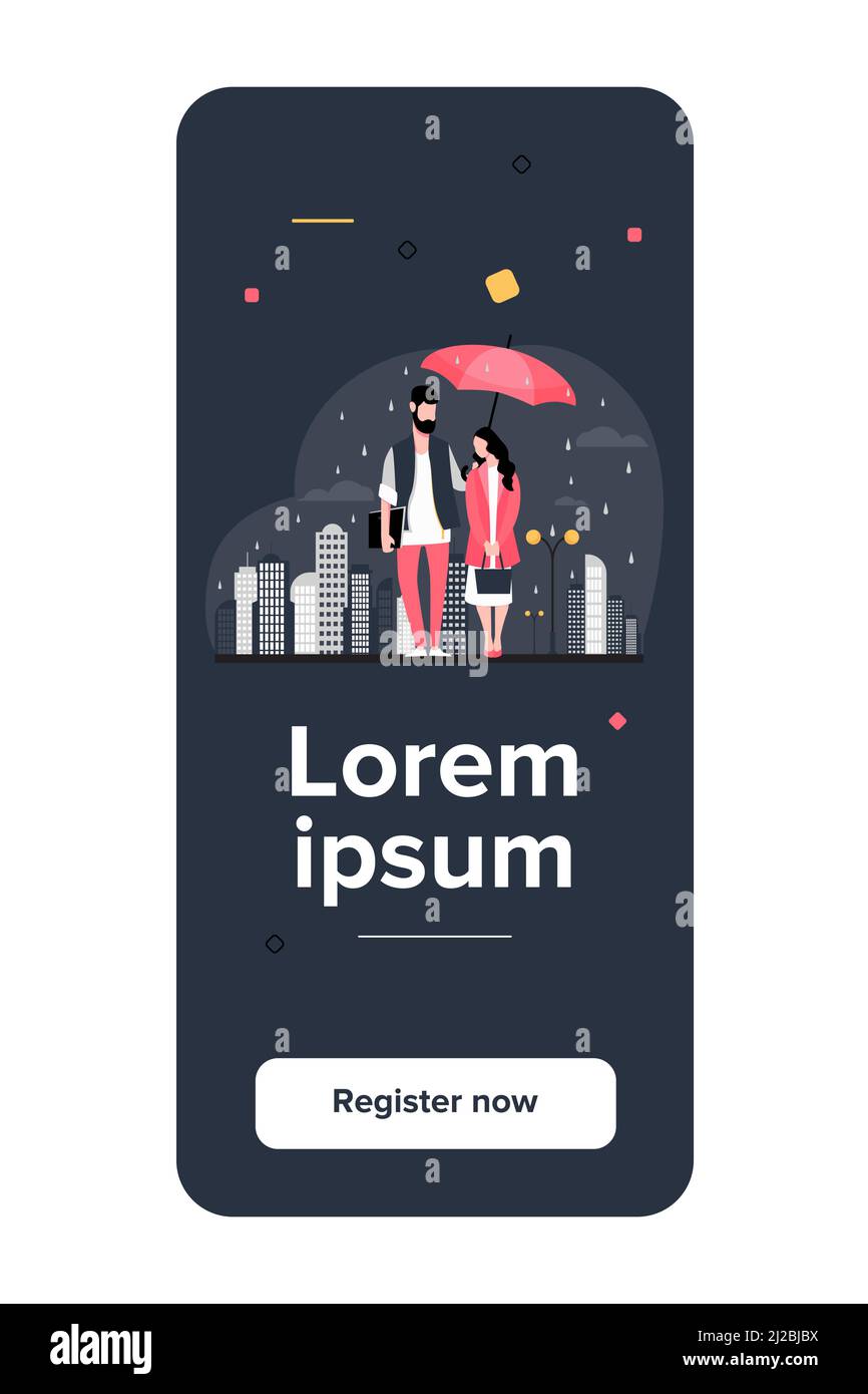 Jeune couple dans l'illustration de vecteur de pluie. Homme et femme en imperméable debout sous un parapluie dans la rue urbaine. Image de pluie d'automne pour la météo, la saison, c Illustration de Vecteur