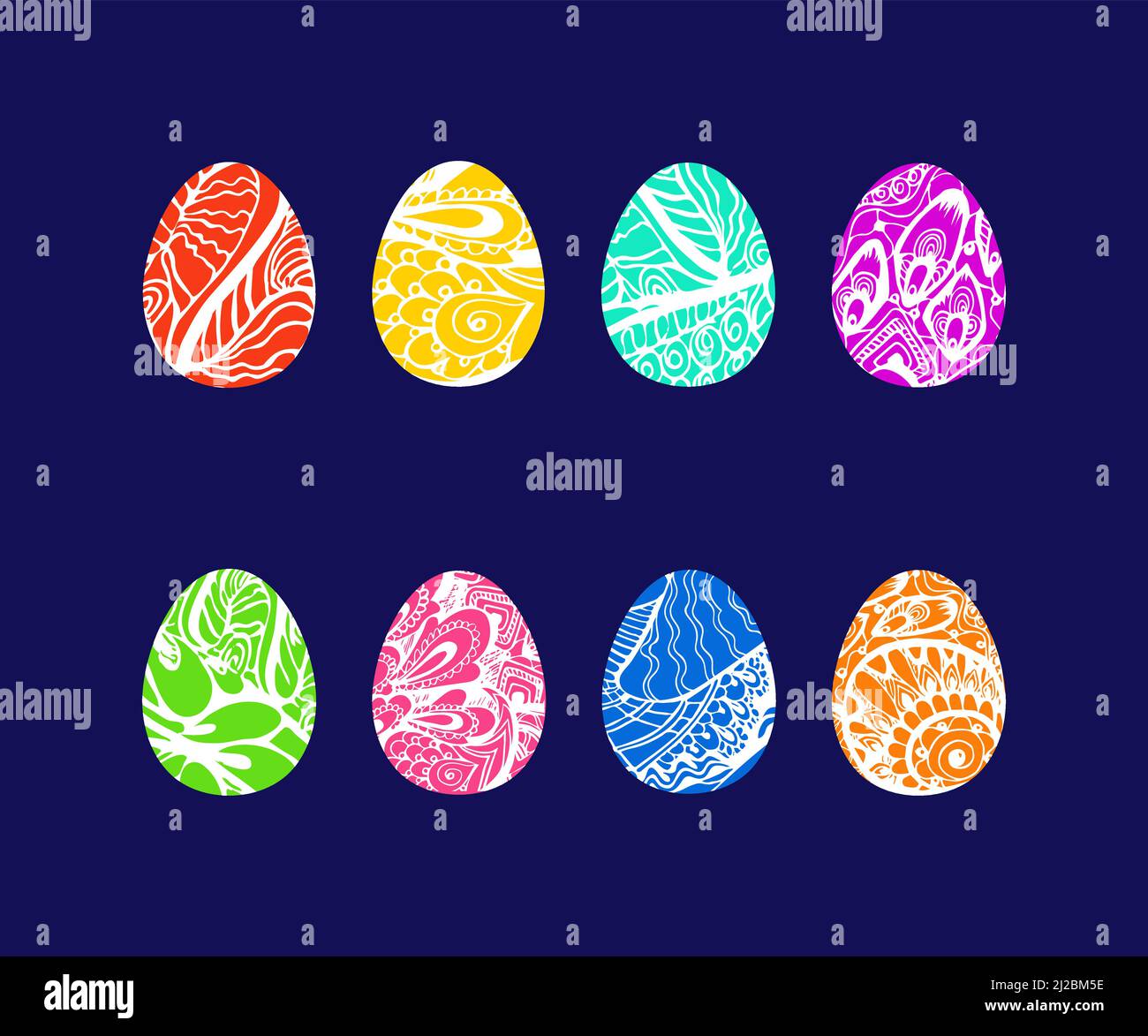 Œufs de Pâques colorés avec motif enchevêtrement blanc dessiné à la main. Ensemble d'éléments de conception vectoriels isolés Illustration de Vecteur