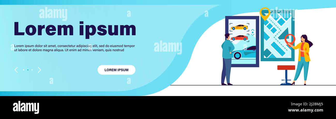 Homme louant une voiture. Application de partage de voiture, plan de la ville avec pointeurs. Illustration vectorielle plate consultant. Transport, transport urbain concept pour bannière, web Illustration de Vecteur