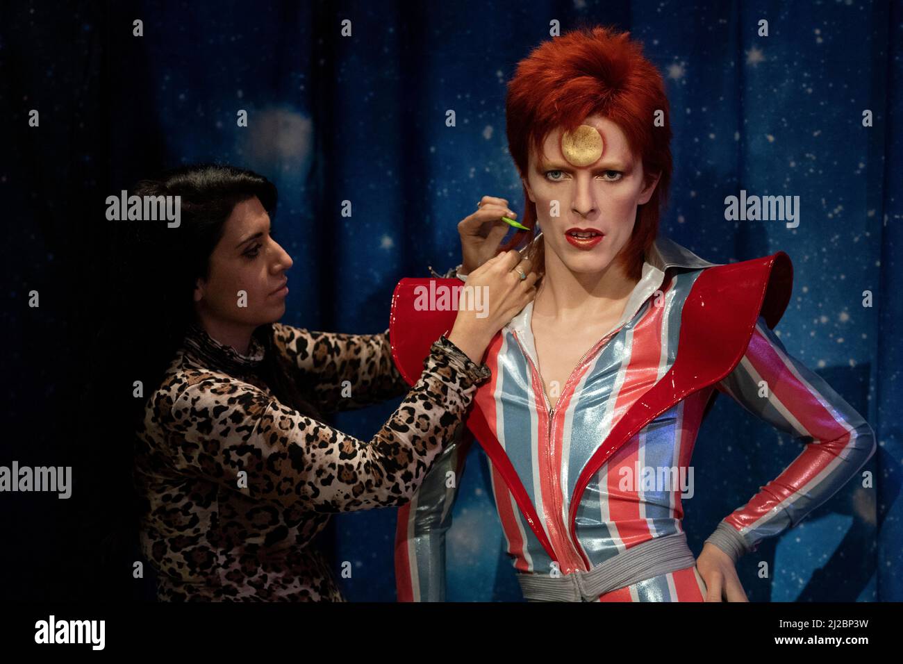 Un membre du personnel apporte la touche finale au personnage de cire de David Bowie à Madame Tussauds London, qui est situé dans la nouvelle zone du Music Festival qui ouvre au public vendredi. La figure a été créée en partenariat avec la succession de Bowie en utilisant les informations de sa séance de 1983. Date de la photo: Jeudi 31 mars 2022. Banque D'Images