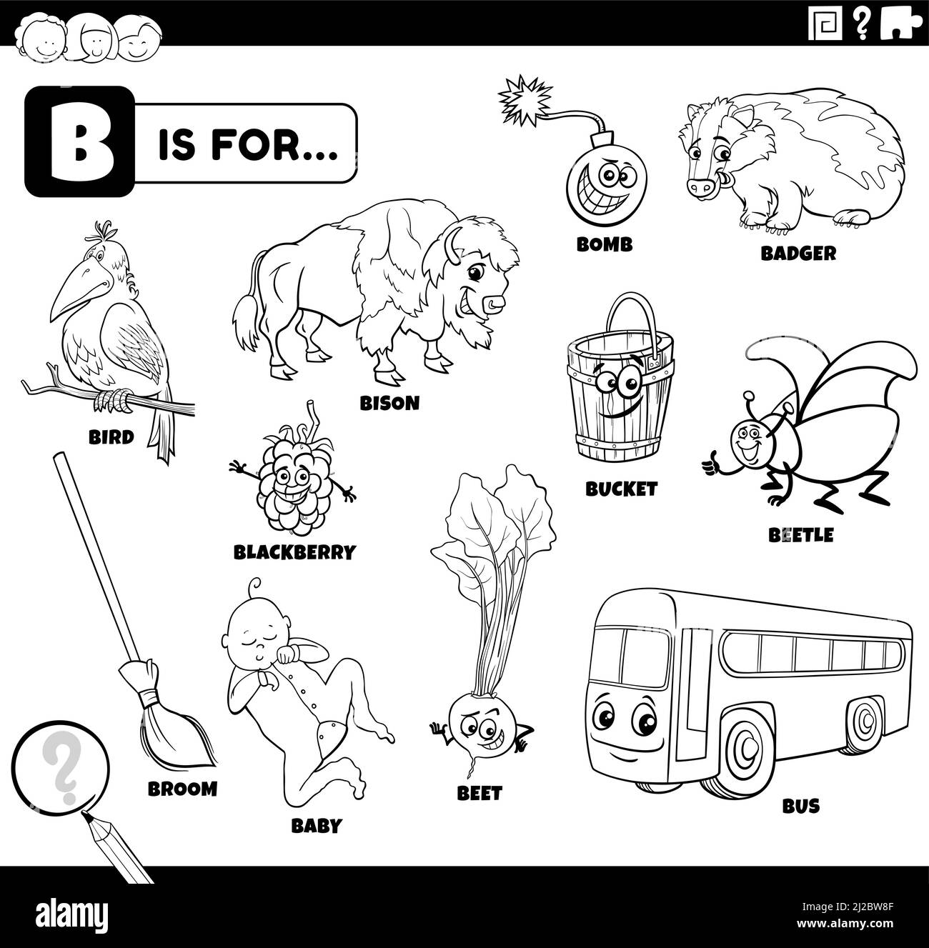 Dessin animé éducatif noir et blanc illustration des personnages et des objets de bande dessinée commençant par la lettre B set pour enfants page de livre de coloriage Illustration de Vecteur