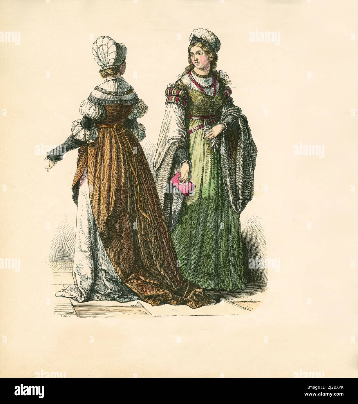 Deux femmes allemandes en costume, premier tiers du 16th siècle, Illustration, l'histoire du costume, Braun & Schneider, Munich, Allemagne, 1861-1880 Banque D'Images