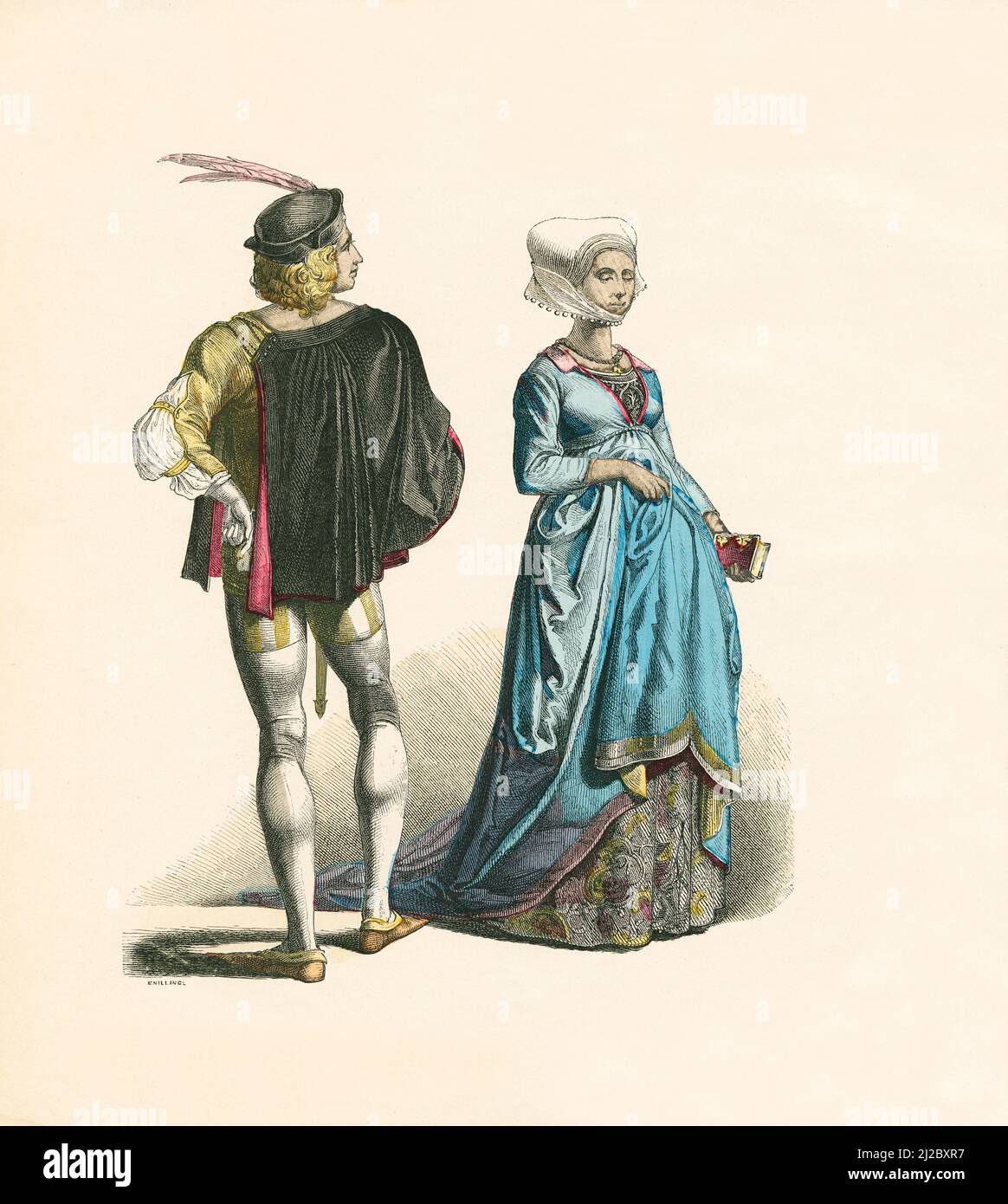 Costumes allemands, deuxième moitié du 15th siècle, Illustration, l'histoire du costume, Braun & Schneider, Munich, Allemagne, 1861-1880 Banque D'Images