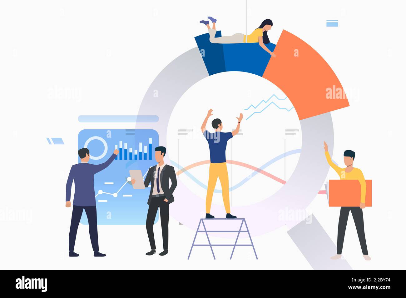 Groupe d'analystes travaillant sur les graphiques. Organigramme, présentation, rapport. Concept d'analyse. L'illustration vectorielle peut être utilisée pour des sujets tels que les affaires, Banque D'Images