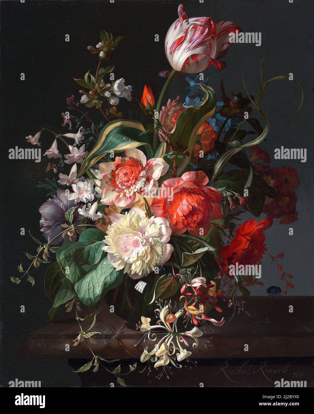 Fleurs dans un vase en verre avec une tulipe de Rachel Ruysch (1664-1750), huile sur toile, 1716 Banque D'Images