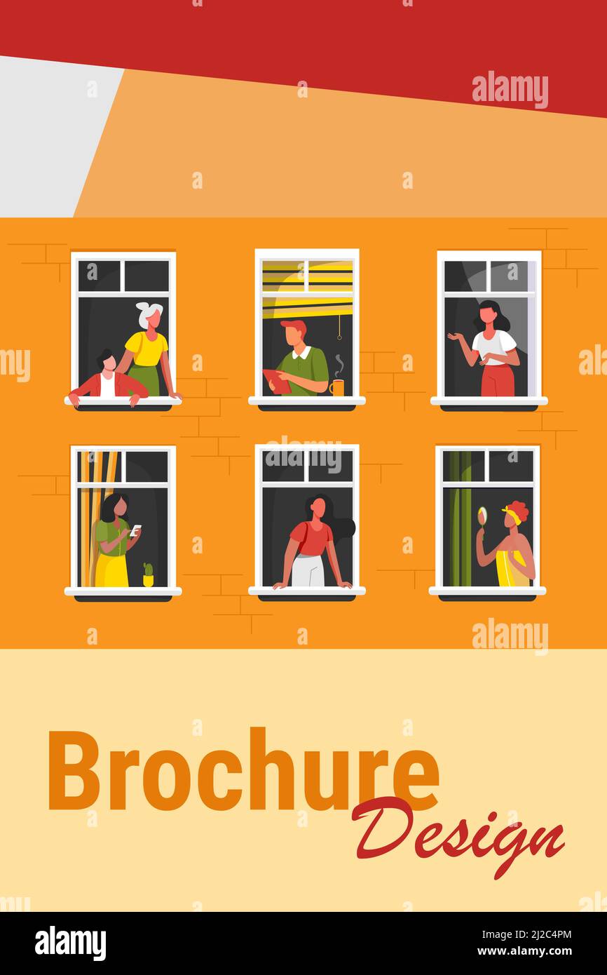 Immeuble d'appartements avec des personnes dans des espaces à fenêtre ouverte. Voisins buvant du café, parlant, en utilisant la cellule. Illustration vectorielle pour bloc de plat, condo, ne Illustration de Vecteur