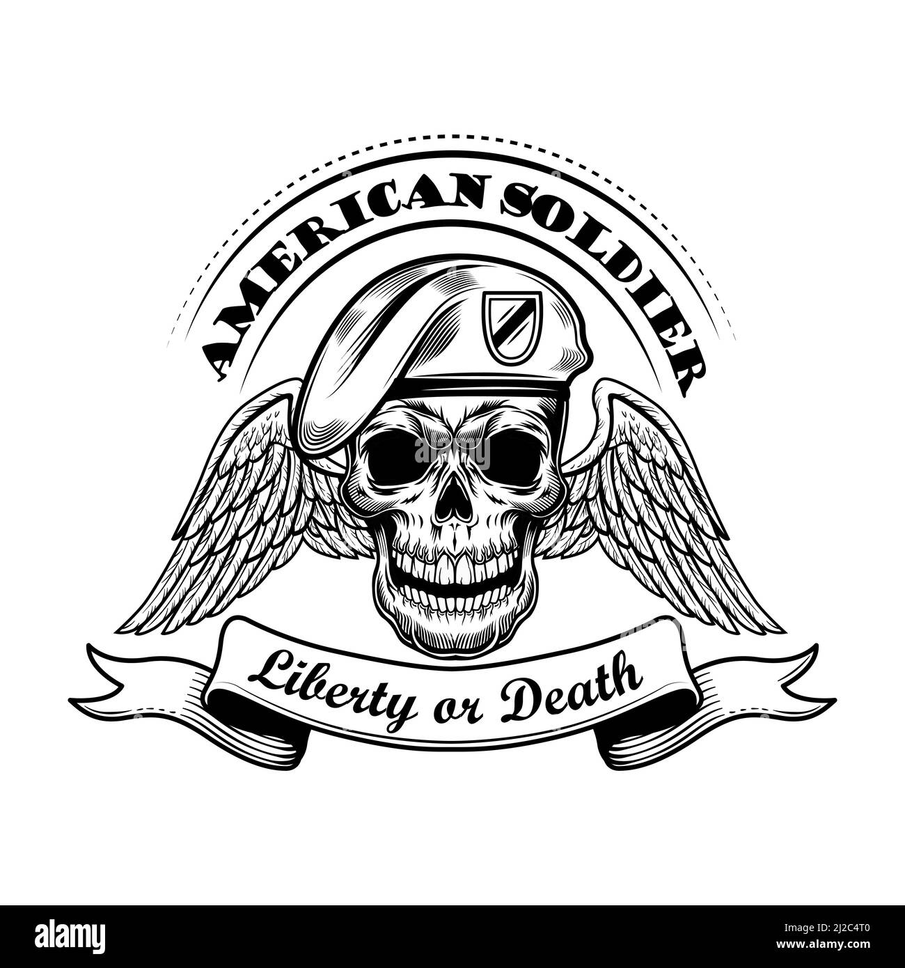 Un soldat américain dans une illustration vectorielle de béret. Crâne avec ailes et texte de liberté ou de mort. Concept militaire ou militaire pour emblèmes ou modèles de tatouage Illustration de Vecteur