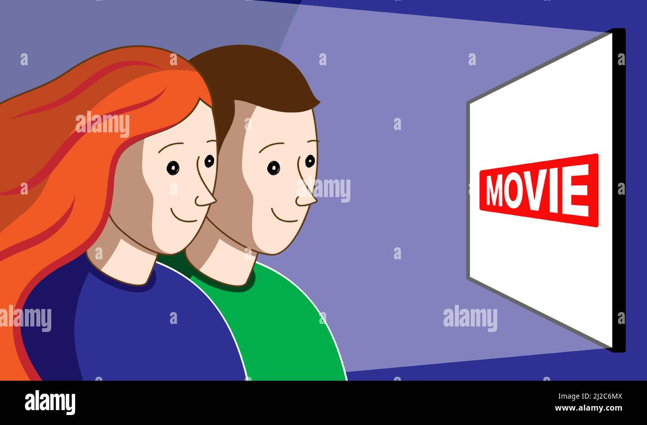 Jeune couple blanc regardant un film ou une série télé à la maison. Regarder la télévision ensemble, illustration vectorielle concept. Illustration de Vecteur