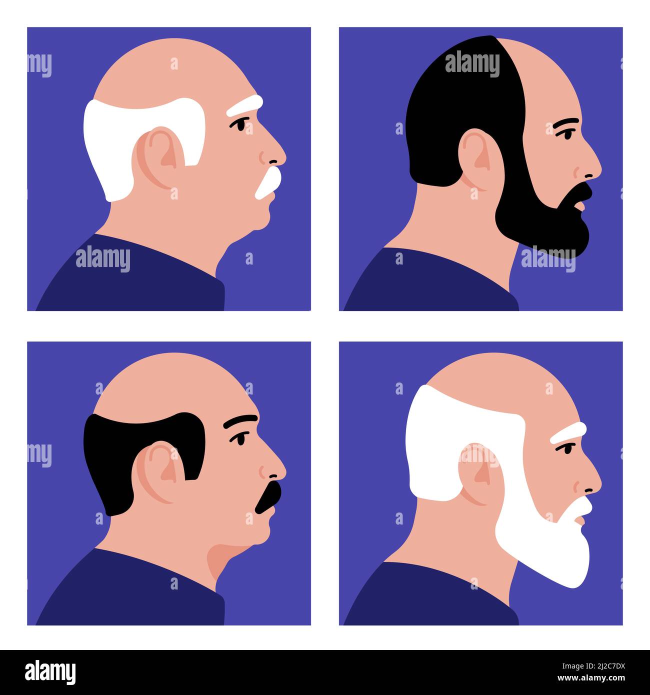 Les vieux. Portrait de différents hommes âgés - chauve, avec une barbe, cheveux gris, moustache. Quatre différents hommes plus âgés. Illustration de Vecteur